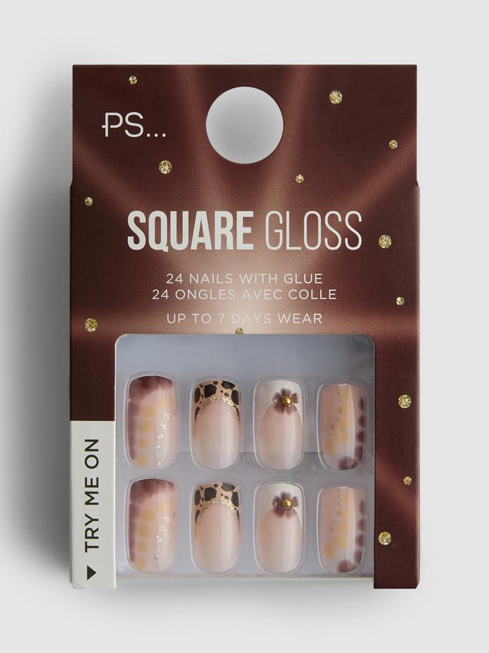 Faux ongles brillants carrés French manucure à fleurs PS...