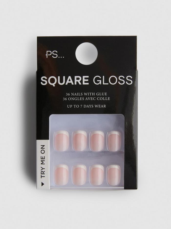 Faux ongles carrés brillants French manucure PS...