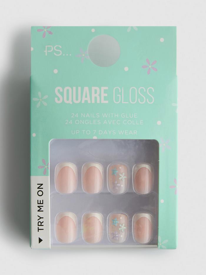 Faux ongles brillants carrés French manucure à fleurs PS...