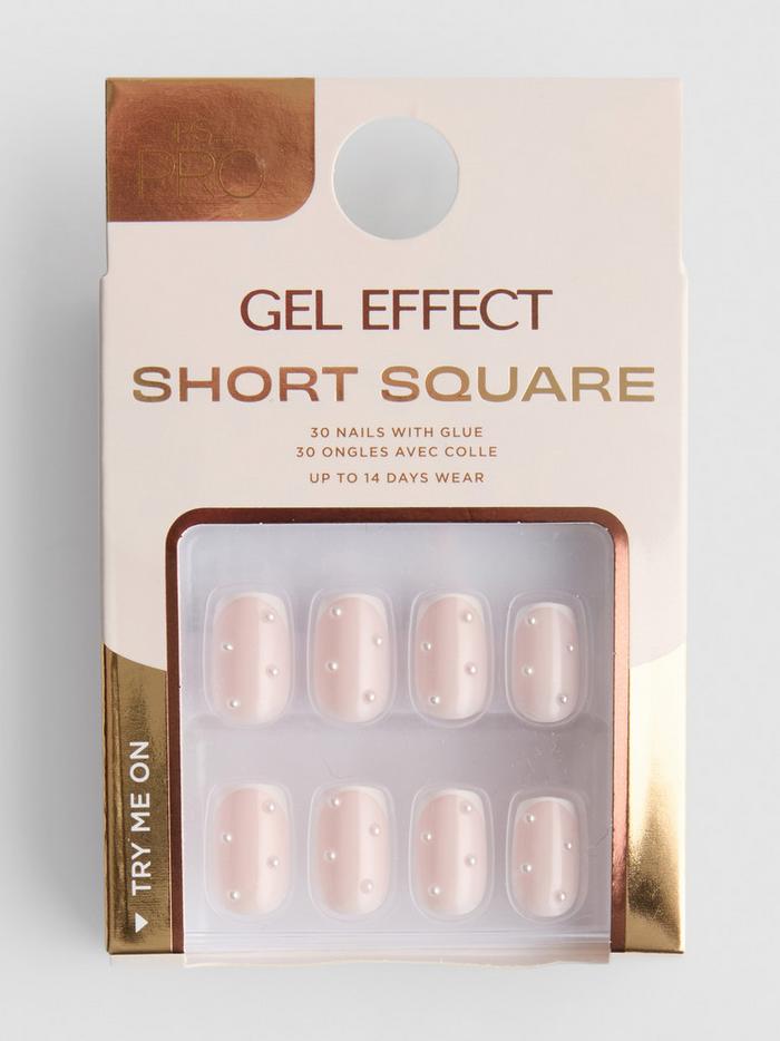 Faux ongles carrés courts French manucure effet gel à perles PS… Pro
