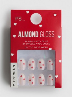 Faux ongles brillants en amande à motif cœur PS...