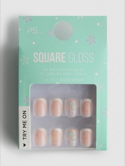 Faux ongles brillants carrés French manucure à fleurs PS...