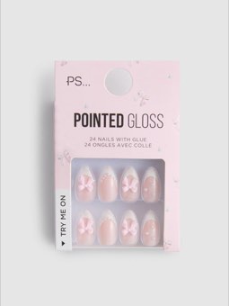Faux ongles brillants pointus French manucure PS...
