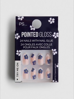 Faux ongles pointus French manucure à fleurs PS...